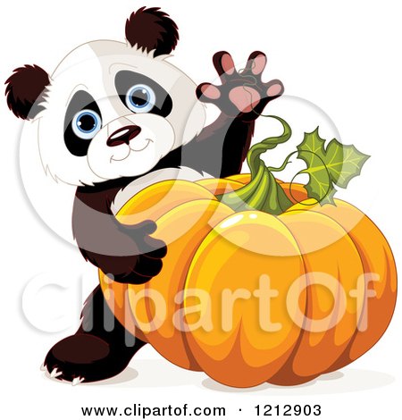 Cartoon of a Cute Panda Waving and Holding an Autumn Pumpkin - Royalty Free Vector Clipart by Pushkin