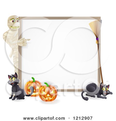 Cartoon of a Halloween Mummy Pointing to a White Board Sign with Pumpkins Black Cats and a Broomstick - Royalty Free Vector Clipart by AtStockIllustration