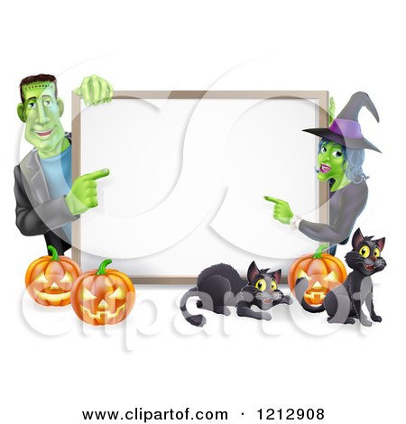 Cartoon of a Happy Witch and Frankenstein Pointing to a White Board Sign over Pumpkins and Black Cats - Royalty Free Vector Clipart by AtStockIllustration