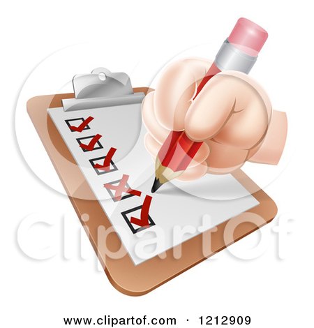 Cartoon of a Hand Checking off a Survey List - Royalty Free Vector Clipart by AtStockIllustration