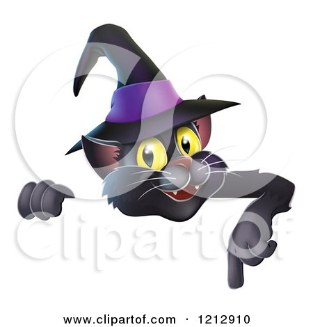 Cartoon of a Happy Black Cat Wearing a Witch Hat and Pointing down to a Sign - Royalty Free Vector Clipart by AtStockIllustration