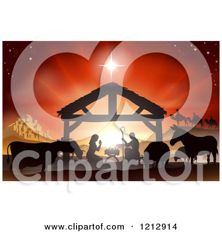 Clipart of a Silhouetted Nativity Scene at the Manger, with Three Wise Men and Animals Under the Star of Bethlehem - Royalty Free Vector Illustration by AtStockIllustration