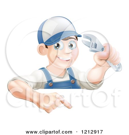 Cartoon of a Happy Brunette Worker Man Holding a Wrench and Pointing down to a Sign - Royalty Free Vector Clipart by AtStockIllustration