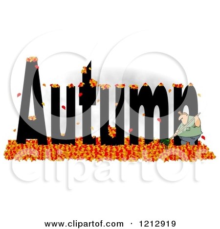 Cartoon of a Chubby Man Raking Fallen Leaves Around the Word AUTUMN over Gray - Royalty Free Clipart by djart