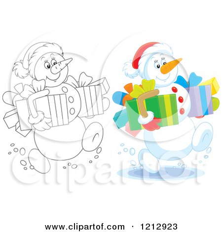 Cartoon of an Outlined and Colored Snowman Carrying Christmas Presents - Royalty Free Vector Clipart by Alex Bannykh