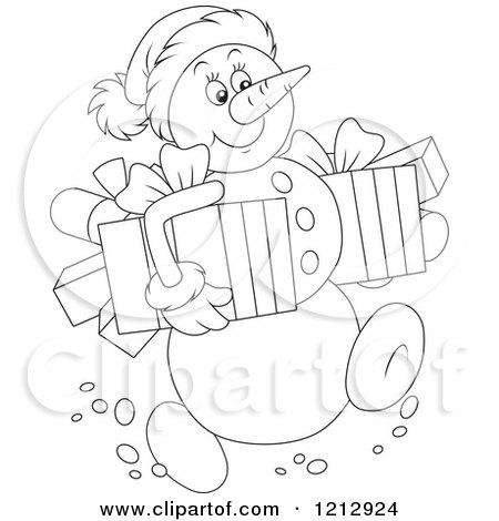 Cartoon of an Outlined Snowman Carrying Christmas Presents - Royalty Free Vector Clipart by Alex Bannykh