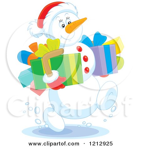 Cartoon of a Jolly Snowman Carrying Christmas Presents - Royalty Free Vector Clipart by Alex Bannykh