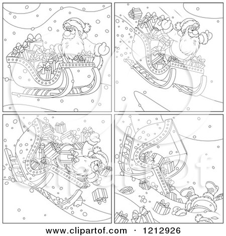 Cartoon of Outlined Scenes of Santa Crashing a Sleigh Full of Gifts - Royalty Free Vector Clipart by Alex Bannykh