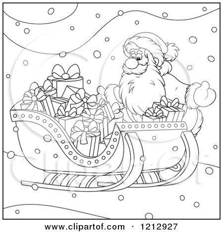 Cartoon of an Outlined Scene of Santa by a Sleigh Full of Gifts - Royalty Free Vector Clipart by Alex Bannykh