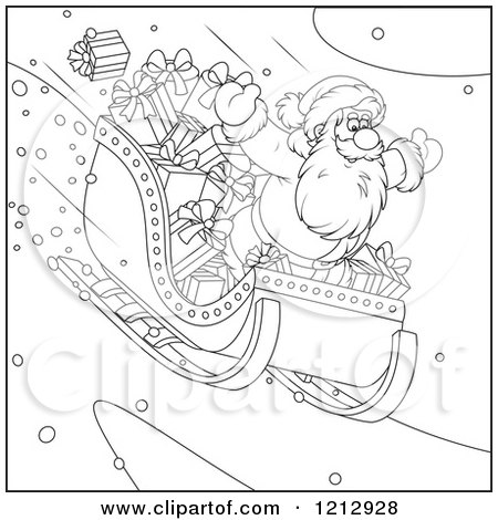 Cartoon of an Outlined Scene of Santa Riding Downhill in a Sleigh Full of Gifts - Royalty Free Vector Clipart by Alex Bannykh