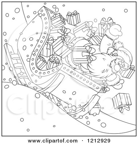 Cartoon of an Outlined Scene of Santa About to Crash in a Sleigh Full of Gifts - Royalty Free Vector Clipart by Alex Bannykh