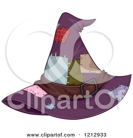 Clipart of a Purple Tattered Witch Hat with Colorful Patches - Royalty Free Vector Illustration by BNP Design Studio
