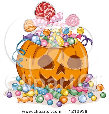 Clipart of a Halloween Jackolantern Pumpkin Full of Candy - Royalty Free Vector Illustration by BNP Design Studio