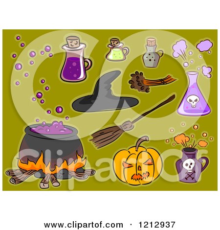 Clipart of Halloween Items on Green - Royalty Free Vector Illustration by BNP Design Studio