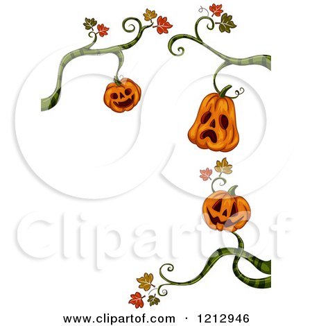 Clipart of a Border of Halloween Jackolantern Pumpkins Hanginf from Vines - Royalty Free Vector Illustration by BNP Design Studio