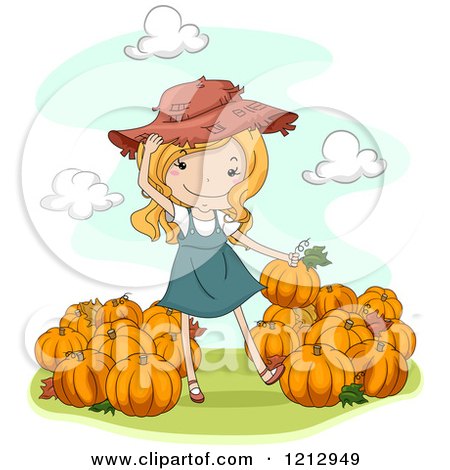 Clipart of a Country Girl Putting Pumpkins in Piles - Royalty Free Vector Illustration by BNP Design Studio