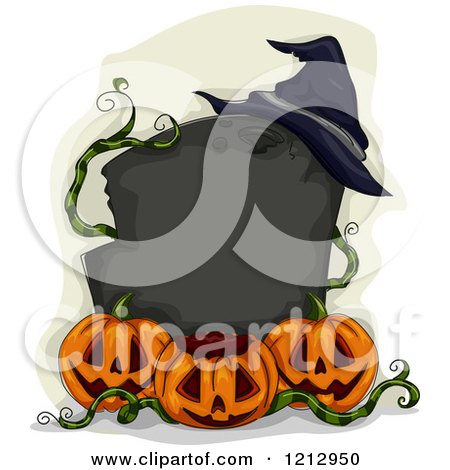 Clipart of a Blank Tombstone Sigh with a Witch Hat and Halloween Pumpkins - Royalty Free Vector Illustration by BNP Design Studio