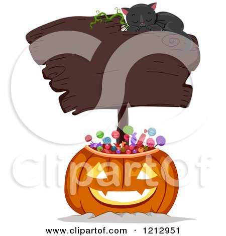Clipart of a Halloween Jackolantern Pumpkin Full of Candy with a Blank Sign and Sleeping Cat - Royalty Free Vector Illustration by BNP Design Studio