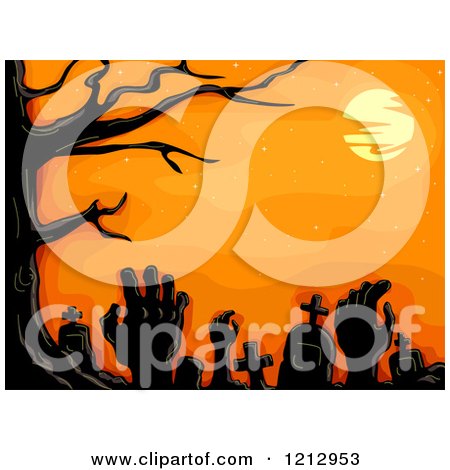 Clipart of a Bare Tree and Full Moon over Tombstones and Rising Zombie Hands - Royalty Free Vector Illustration by BNP Design Studio