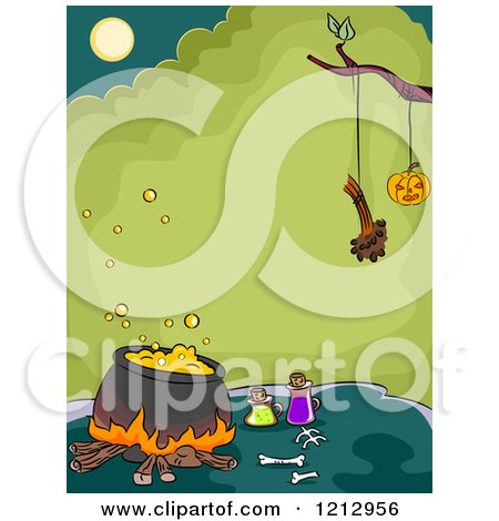 Clipart of a Boiling Witch Cauldron Pot Under a Tree with a Suspended Jackolantern - Royalty Free Vector Illustration by BNP Design Studio
