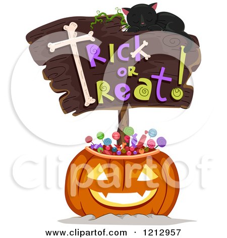 Clipart of a Sleeping Cat on a Trick or Treat Sign over a Pumpkin Filled with Halloween Candy - Royalty Free Vector Illustration by BNP Design Studio