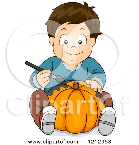 Clipart of a Boy Painting a Halloween Pumpkin - Royalty Free Vector Illustration by BNP Design Studio