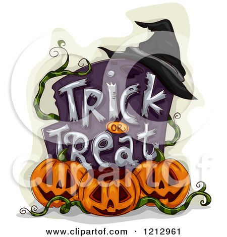 Clipart of a Witch Hat on a Trick or Treat Tombstone with Halloween Jackolantern Pumpkins - Royalty Free Vector Illustration by BNP Design Studio
