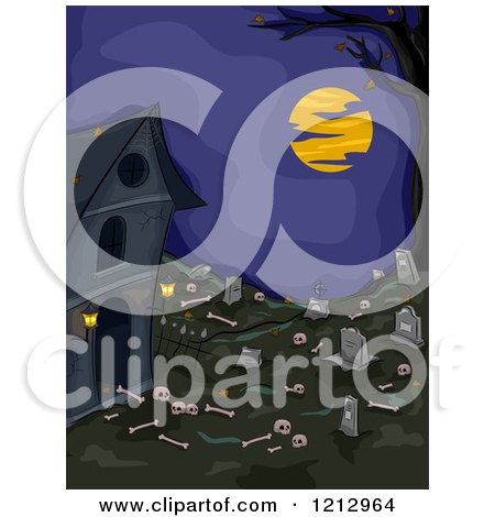 Clipart of Bones Scattered Around an Abandoned Graveyard at Night - Royalty Free Vector Illustration by BNP Design Studio