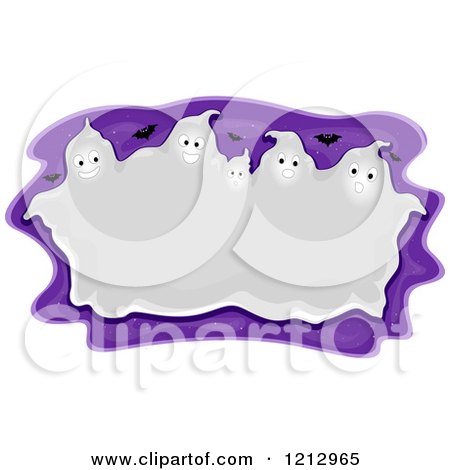 Clipart of a Huddled Halloween Ghost Frame over Purple with Bats - Royalty Free Vector Illustration by BNP Design Studio