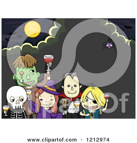 Clipart of Kids in Halloween Costumes Toasting at a Party over a Spider and Full Moon - Royalty Free Vector Illustration by BNP Design Studio