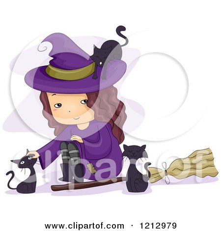 Clipart of a Little Witch Girl Sitting by a Broomstick and Petting Black Cats - Royalty Free Vector Illustration by BNP Design Studio