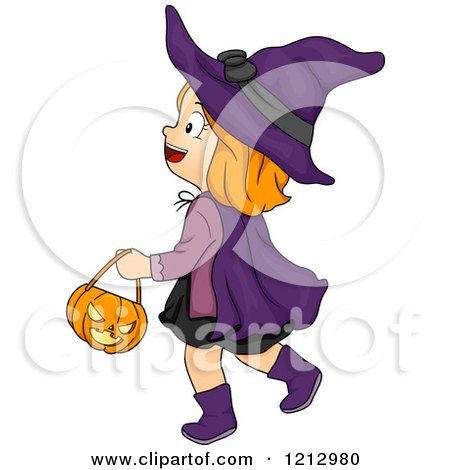 Clipart of a Halloween Girl Trick or Treating in a Witch Costume - Royalty Free Vector Illustration by BNP Design Studio