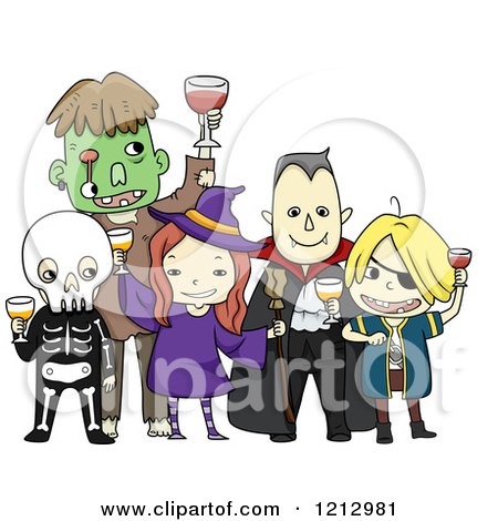 Clipart of Kids in Halloween Costumes, Toasting at a Party - Royalty Free Vector Illustration by BNP Design Studio