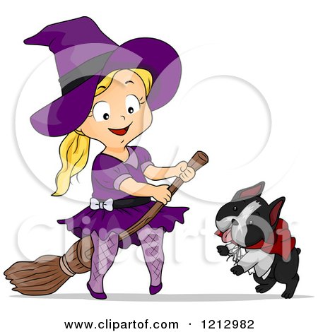 Clipart of a Happy Blond Girl in a Halloween Witch Costume, on a Broomstick by Her Dog - Royalty Free Vector Illustration by BNP Design Studio