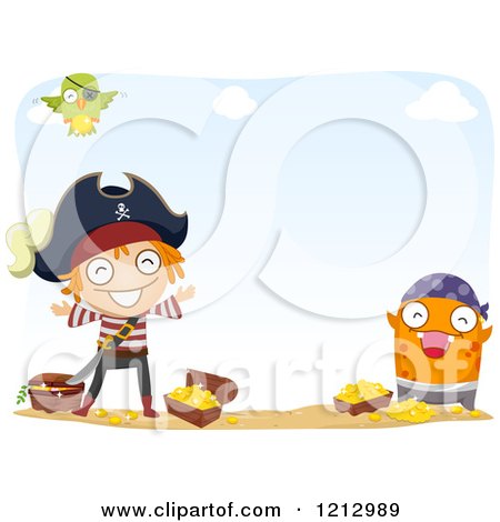 Clipart of a Pirate Monster and Boy with Treasure on a Beach - Royalty Free Vector Illustration by BNP Design Studio
