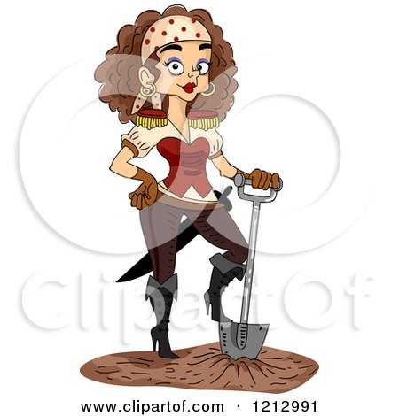Clipart of a Female Pirate Resting Her Foot on a Shovel - Royalty Free Vector Illustration by BNP Design Studio