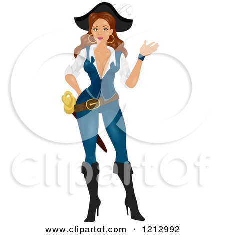 Clipart of a Waving Female Pirate Hiding Something Behind Her Back - Royalty Free Vector Illustration by BNP Design Studio