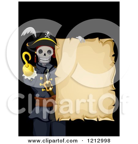 Clipart of a Skeleton Pirate with a Blank Scroll on Black - Royalty Free Vector Illustration by BNP Design Studio