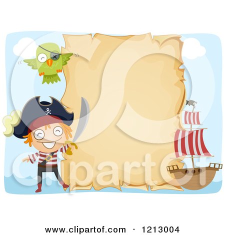 Clipart of a Parchment Sign with a Ship Pirate and Parrot - Royalty Free Vector Illustration by BNP Design Studio