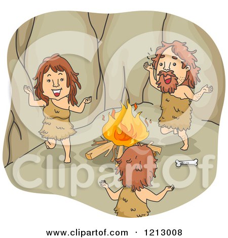 Clipart of a Caveman Family Dancing Around a Fire - Royalty Free Vector Illustration by BNP Design Studio