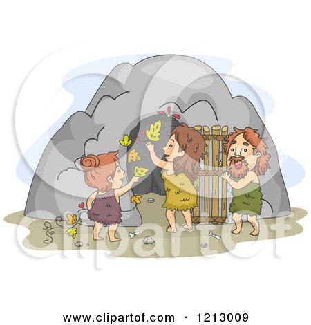 Clipart of a Caveman Family Decorating Their Dwelling Entrance - Royalty Free Vector Illustration by BNP Design Studio