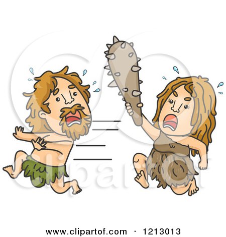 Clipart of a Female Chasing a Male Caveman with a Club - Royalty Free Vector Illustration by BNP Design Studio