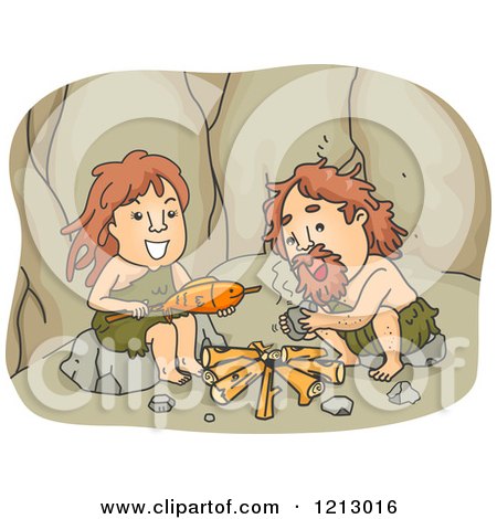 Clipart of a Caveman and Woman Starting a Fire - Royalty Free Vector Illustration by BNP Design Studio