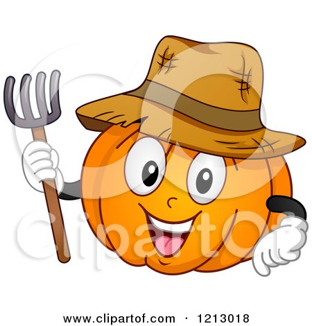 Clipart of a Happy Pumpkin Wearing a Straw Hat and Holding A Pitchfork - Royalty Free Vector Illustration by BNP Design Studio
