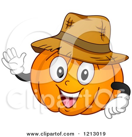 Clipart of a Happy Pumpkin Wearing a Straw Hat and Waving - Royalty Free Vector Illustration by BNP Design Studio