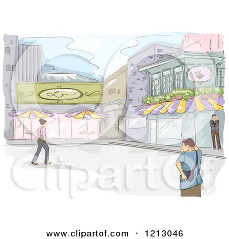 Clipart of a Coffee Shop and Pedestrians - Royalty Free Vector Illustration by BNP Design Studio
