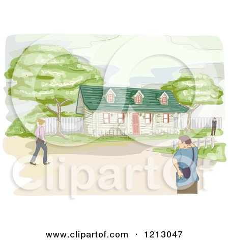 Clipart of Pedestrians Walking near a Bungalow - Royalty Free Vector Illustration by BNP Design Studio