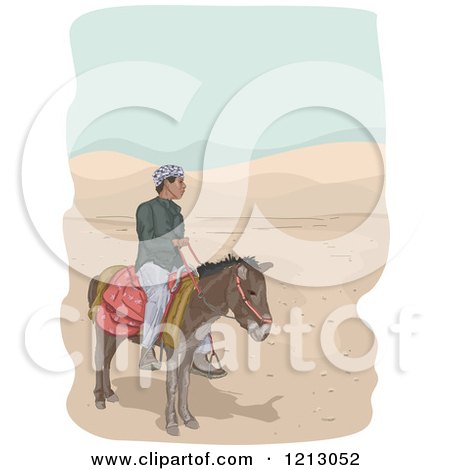 Clipart of a Man Riding a Donkey in a Desert - Royalty Free Vector Illustration by BNP Design Studio