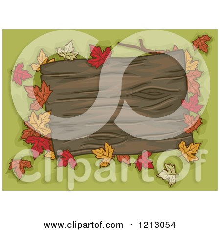 Clipart of a Blank Wooden Sign with Autumn Leaves over Green - Royalty Free Vector Illustration by BNP Design Studio