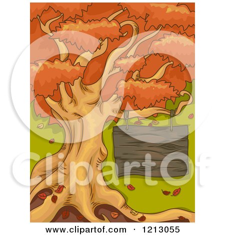 Clipart of a Wooden Sign Hanging from an Autumn Tree on Green - Royalty Free Vector Illustration by BNP Design Studio